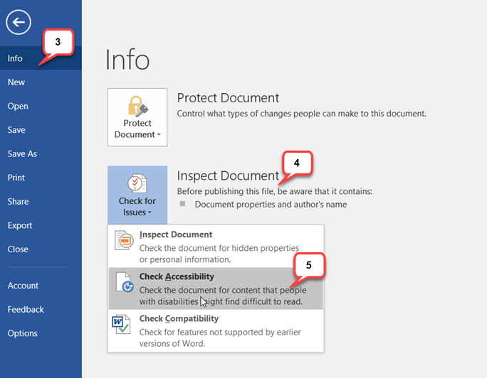 accessibility checker steps 3 to 5 screen shots.