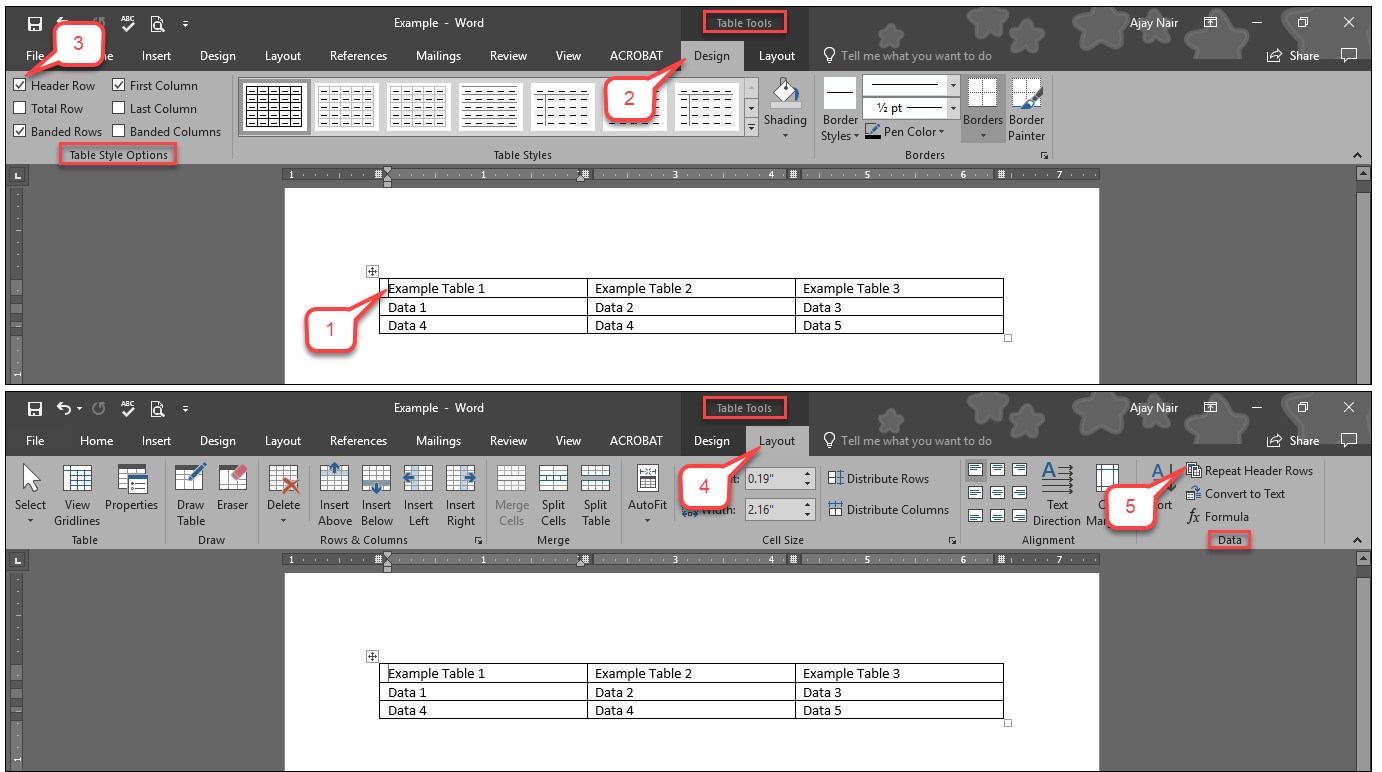 This image is for the "Use Table Headers" tutorial, steps 1 thru 5.