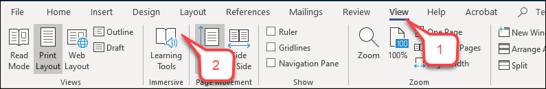 Microsoft Word menu click View then Learning Tools