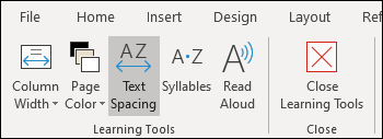 Learning tools menu: Column Width, Page Color, Text Spacing, Syllables, Read Aloud