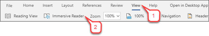 Microsoft Word menu click View then Immersive Reader