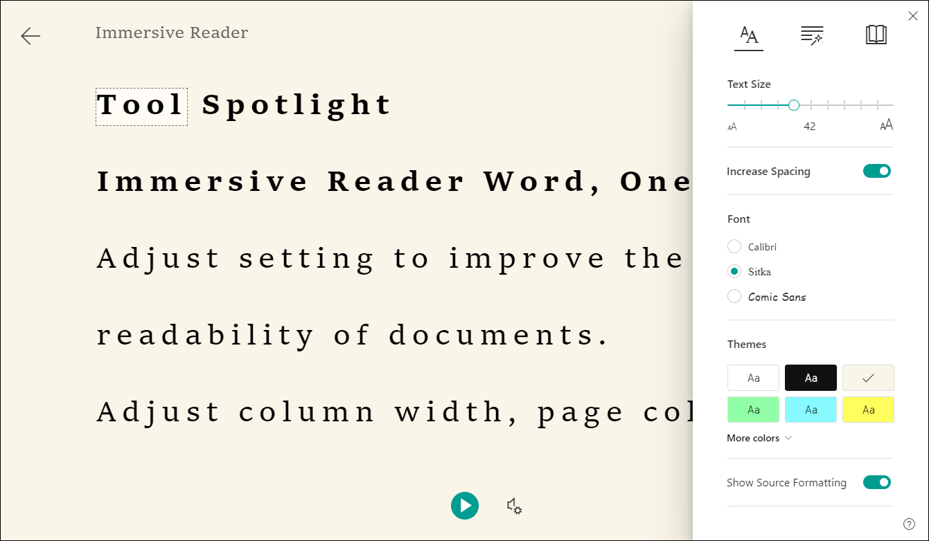 Immersive Reader view of text and settings