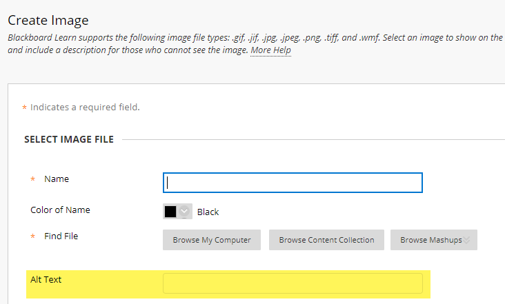 Blackboard’s create image item screen highlighting the Alt Text field