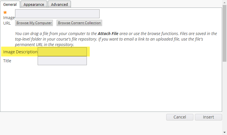 Blackboard’s Add Image to content area screen highlighting the Image Description field.